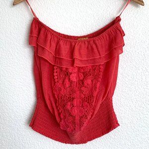 Strapless Spanish 70's Style Coral Floral Crop Top